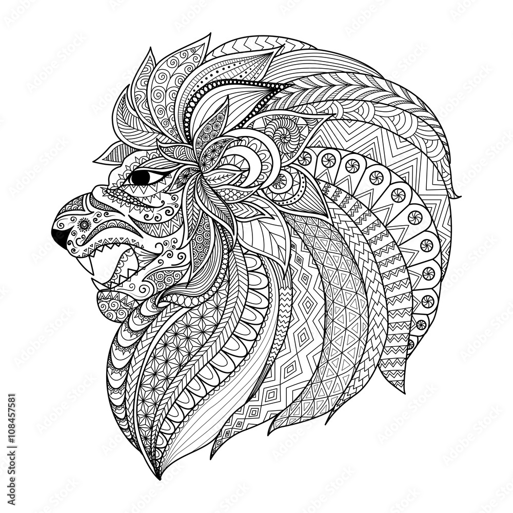 Naklejka premium Zentangle głowa lwa stylizowana na kolorowankę dla dorosłych, grafikę na koszulkę, tatuaż i tak dalej