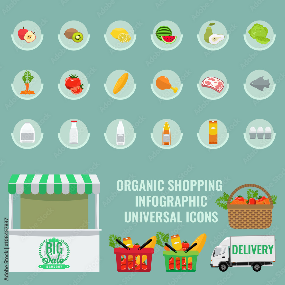 Organic Fruits and vegetables flat icons. Shopping infographic concept.