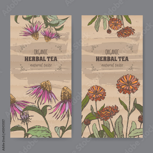 Two color vintage labels for calendula and echinacea herbal tea. 