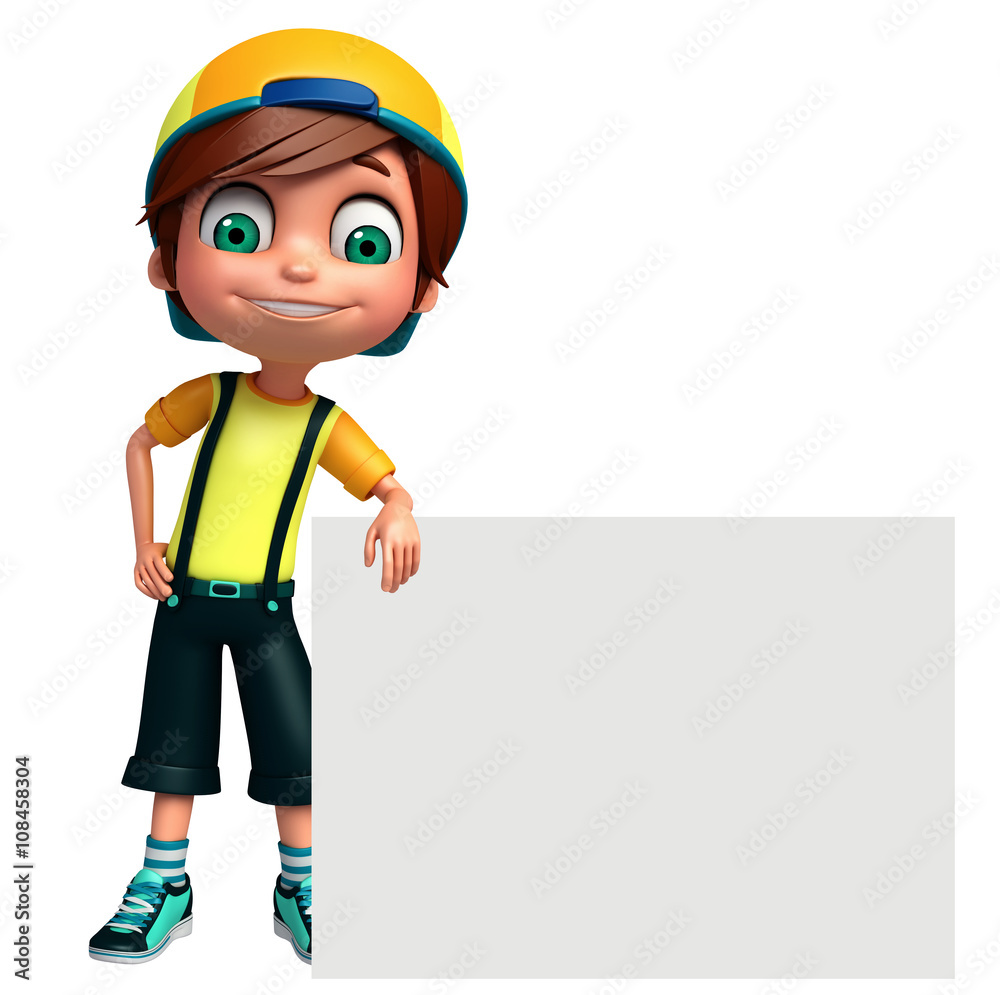 3D Render of Little boy with white board 3D Render of Little boy with white board