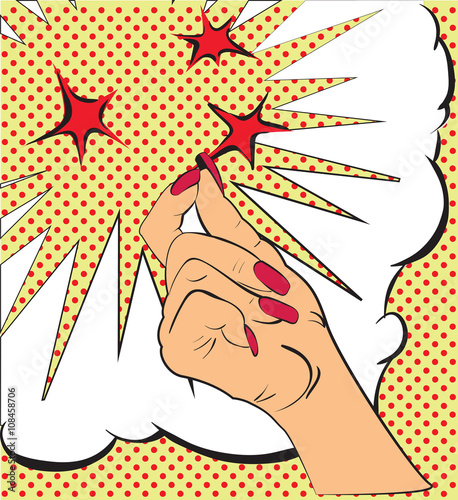 Gestures hand, a snap of the fingers, sparks of red stars. Sketch in style pop art, comics. Call attention and information using finger. Female hand made in pop art style, gesture