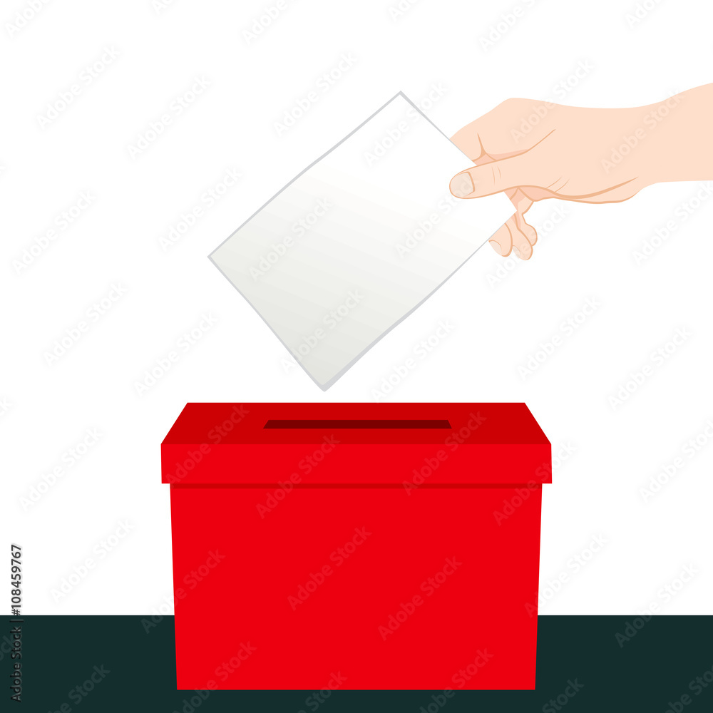 Hand inserting a paper ballot voting on a red ballot box Stock Vector ...