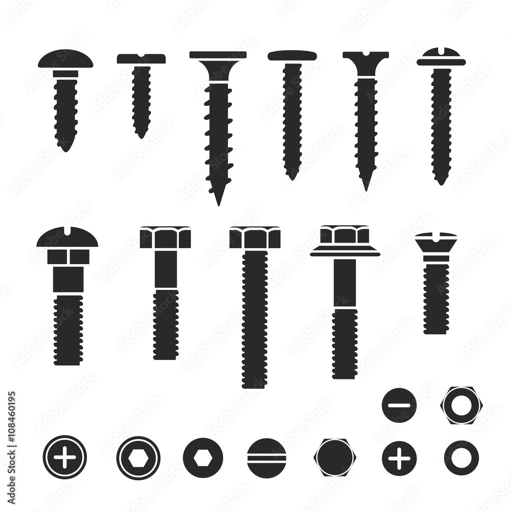 Silhouettes of wall bolts, nuts and screws - obrazy, fototapety, plakaty 