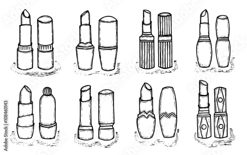 Black and white hand drawn women lipstick. Fashion and beauty trend. Sketch illustration. Cosmetics for lips care. Vector isolated objects.