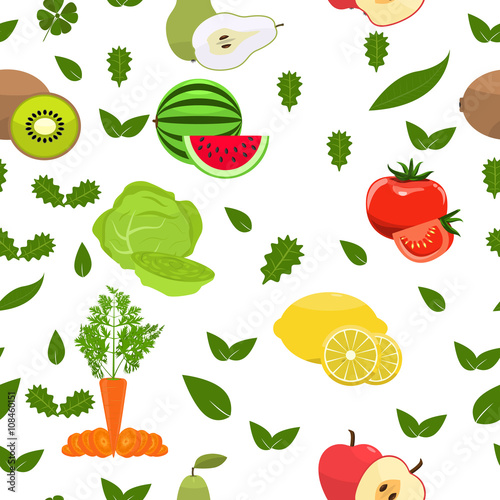 Fruity seamless pattern. Flat color design. Healthy food background