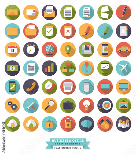 Business and Office Flat design long shadow icon set