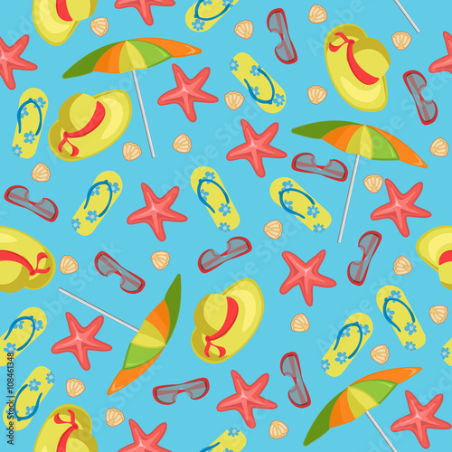 seamless pattern for a summer theme with slippers, umbrella, glasses, hats, starfish and seashells