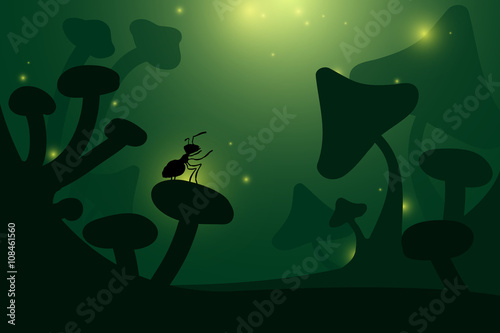 ant on mushrooms in fantasy vector