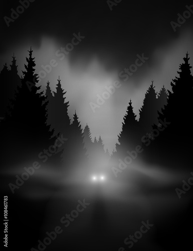 car on dark road at night through misty forest editable vector