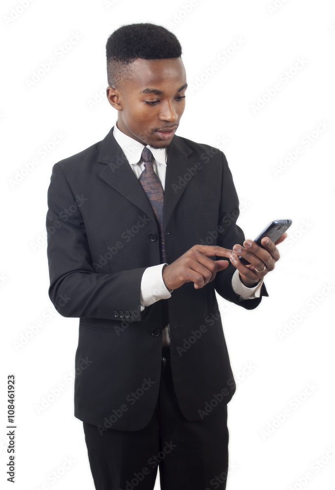 businessman texting cellphone on white background businessman texting cellphone on white background