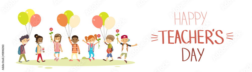 Teacher Day School Children Group Hold Flowers Balloons Holiday Greeting Card Teacher Day School Children Group Hold Flowers Balloons Holiday Greeting Card