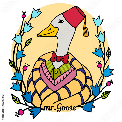 colorful cartoon portrait character of an intelligent goose clothing in the fez and bowtie vector illustration