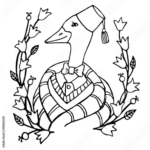 cartoon portrait character of an intelligent goose clothing in the fez and tie coloring page vector illustration