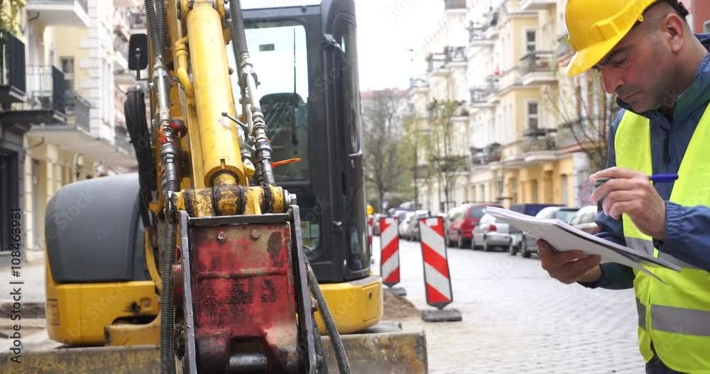Left-handed mechanical engineer wearing safety jacket and yellow hardhat checking excavator and taking notes