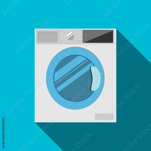 Washing machine in flat style. Isolated on blue background. Vector Illustration.