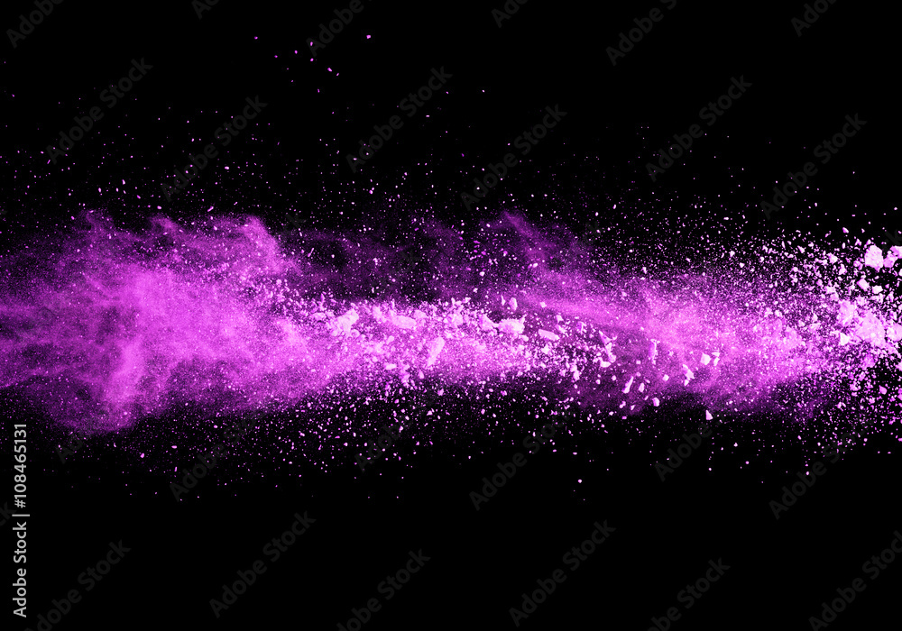 Explosion of purple powder on black background - obrazy, fototapety, plakaty 