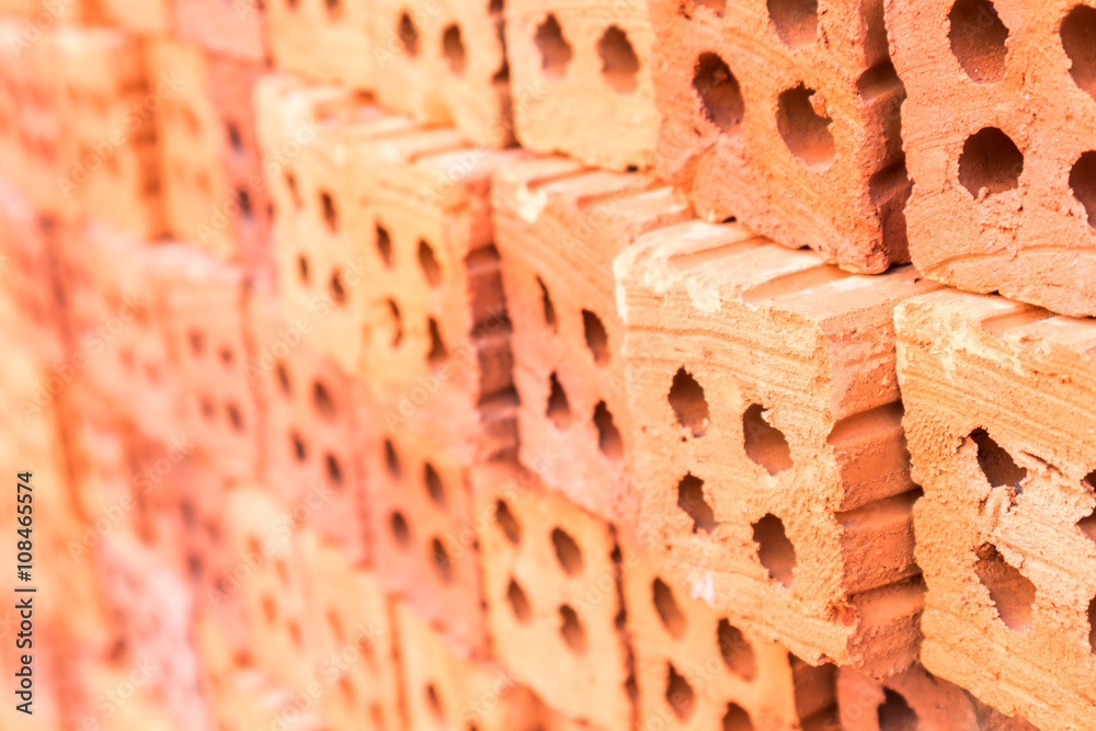 Group of red brick material for industry , soft focus