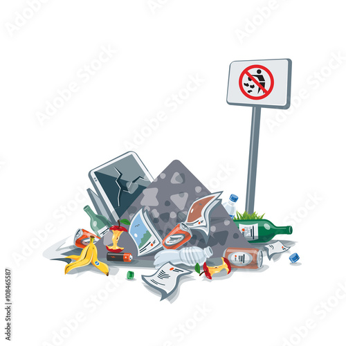 Isolated Littering Garbage Trash Stack with No Littering Sign