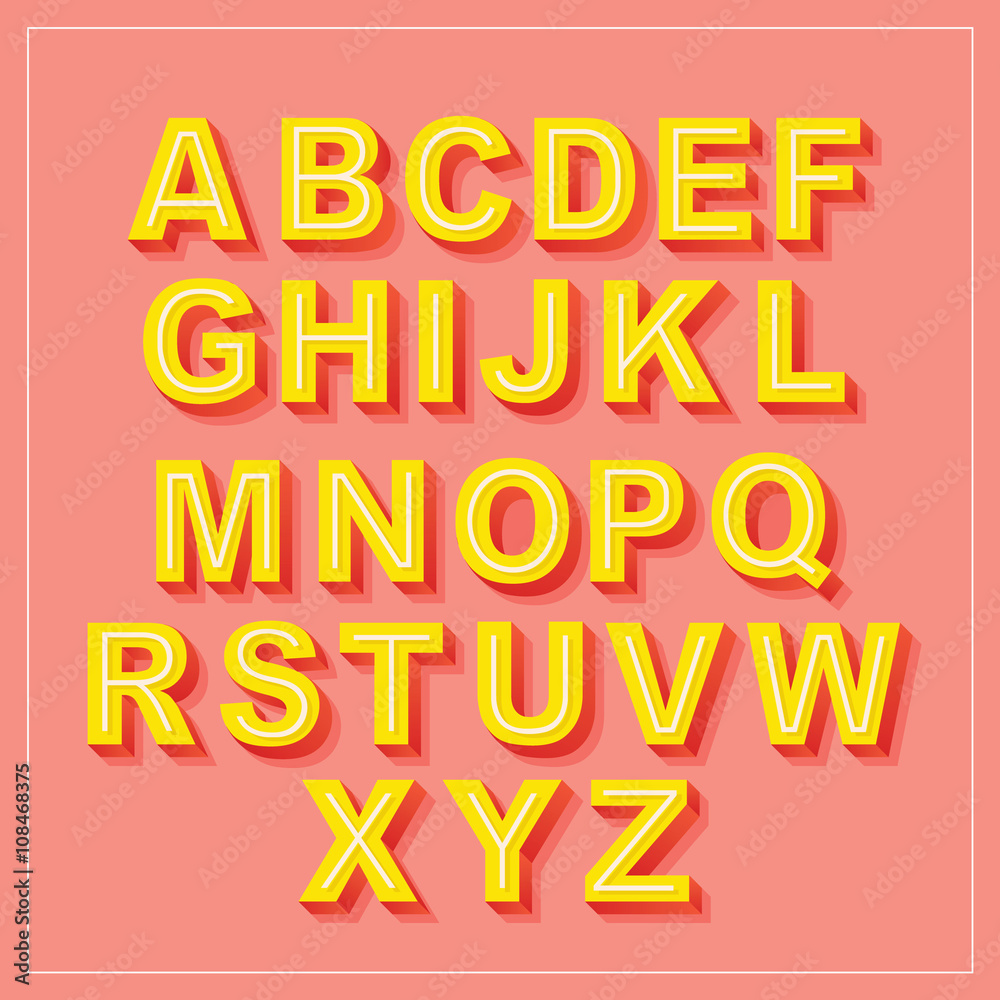 Vector Retro 3D Font with shadow. Vintage Alphabet on pink background Set