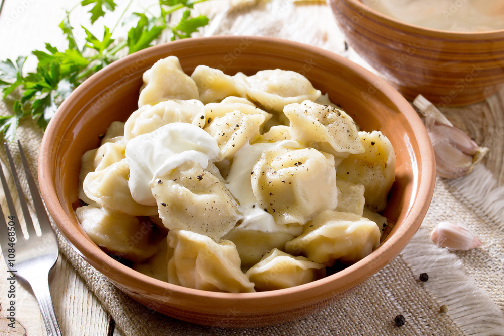 Dumplings with meat and sour cream, selective focus. Traditional Dumplings with meat and sour cream, selective focus. Traditional