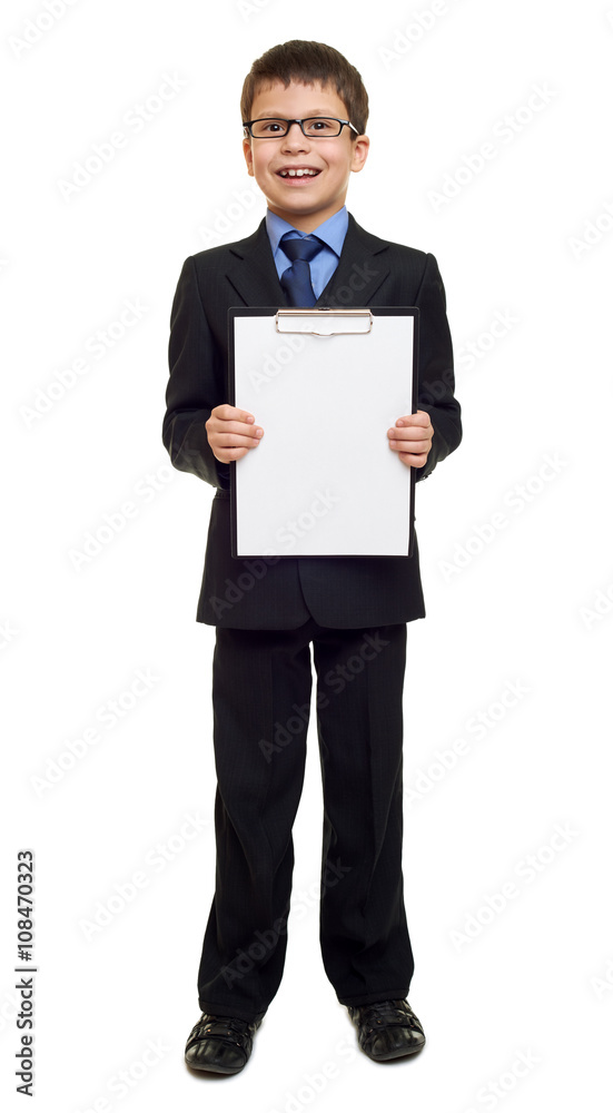 school boy in suit and blank paper sheet in clipboard on white isolated, education concept school boy in suit and blank paper sheet in clipboard on white isolated, education concept