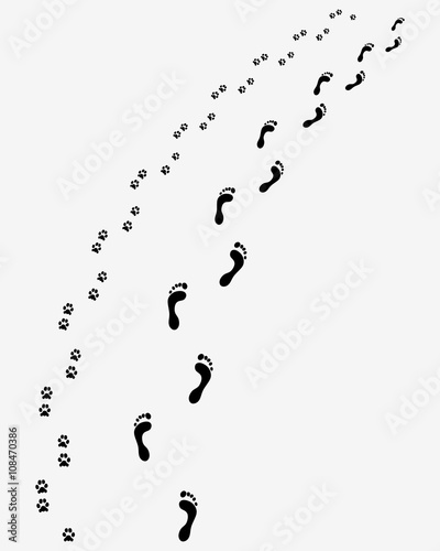 Black footprints of man and dog, turn right, vector