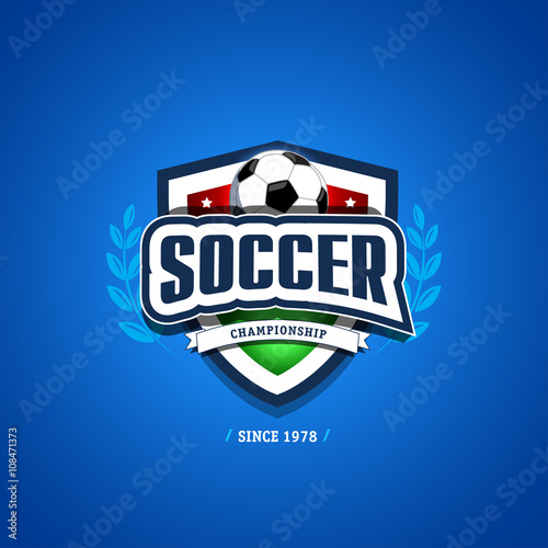 Soccer, football logo. Green, red and dark blue soccer football badge logo design template, sport logotype template. Soccer Themed T shirt. Football logo. Vector illustration.