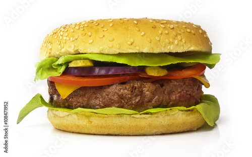 Studio photo of beefburger, isolated on white