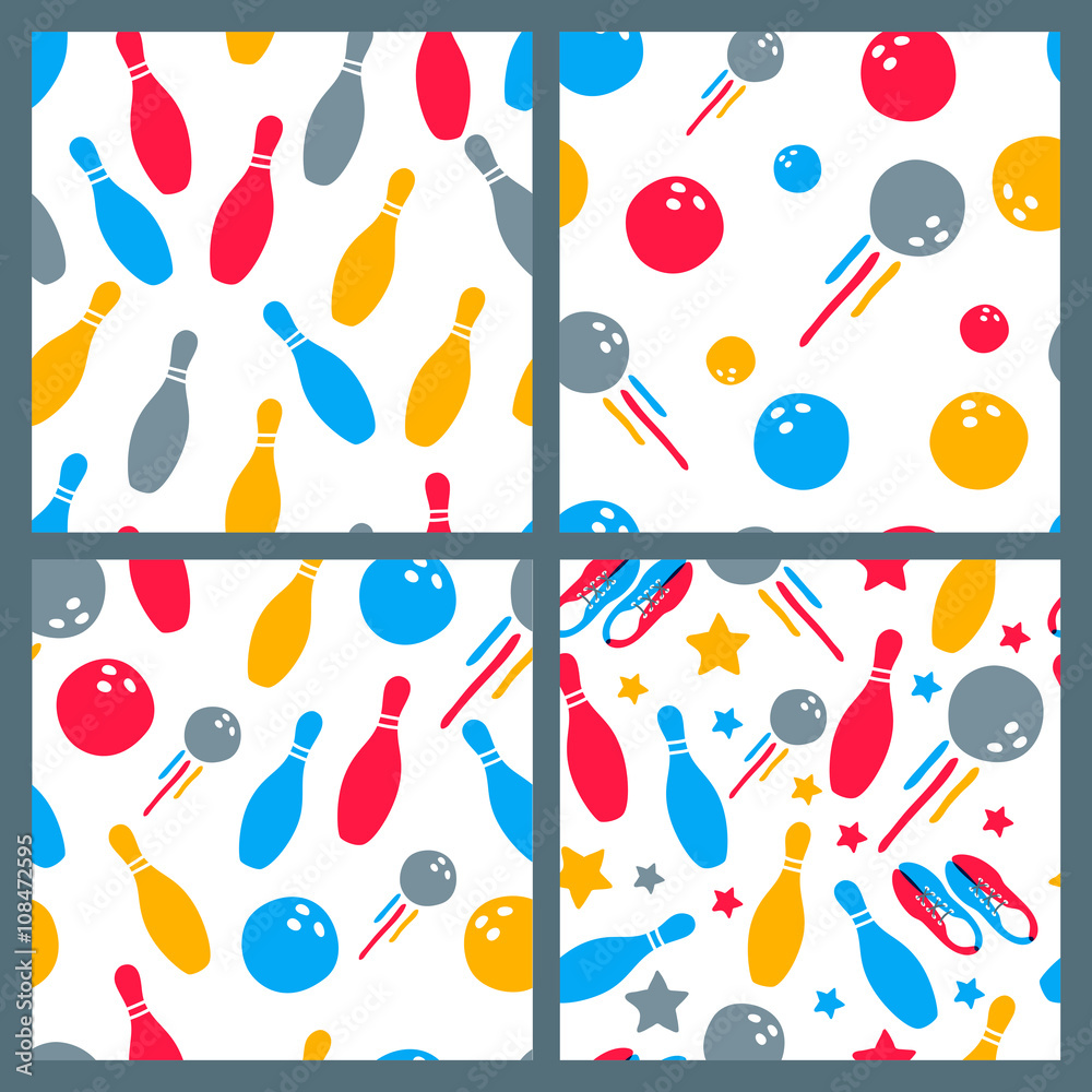 Naklejka premium Set of vector bowling seamless pattern. Hand drawn doodle backgrounds and design elements. Bowling ball, bowling pins, shoes illustration. Design for fashion textile print, wrapping, web background.