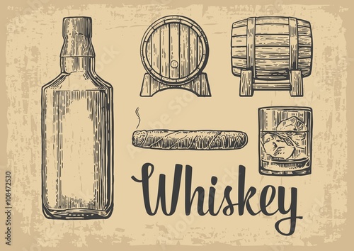 Whiskey glass with ice cubes, barrel, bottle, cigar.