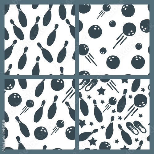 Set of vector bowling seamless pattern. Hand drawn doodle black and white backgrounds. Bowling ball, bowling pins, shoes illustration. Design for fashion textile print, wrapping, web background.