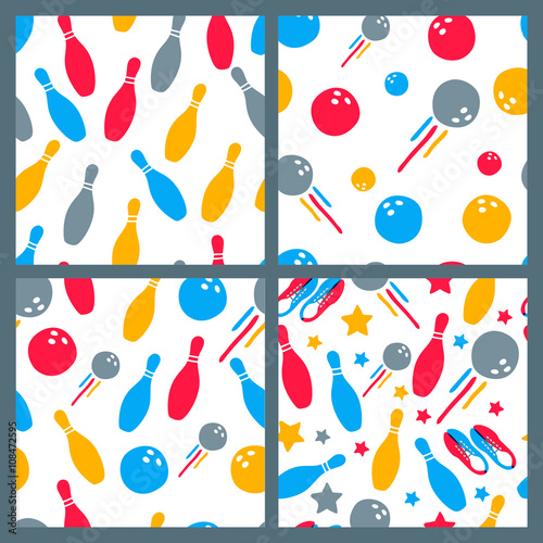 Set of vector bowling seamless pattern. Hand drawn doodle backgrounds and design elements. Bowling ball, bowling pins, shoes illustration. Design for fashion textile print, wrapping, web background.