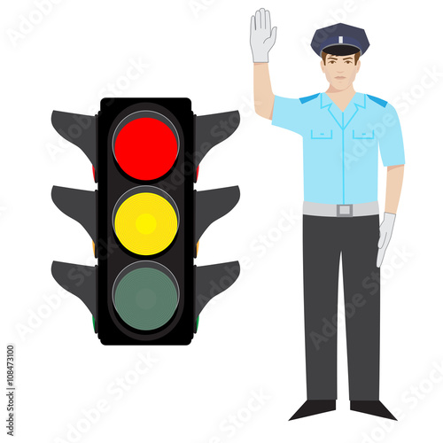 vector policeman showing ready to go gesture. red and yellow traffic light.