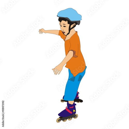 little boy in blue helmet rollerblading