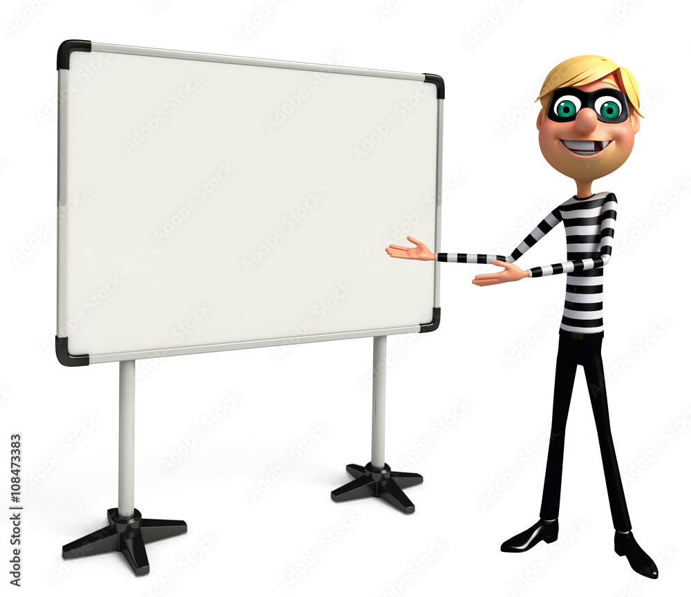 3D Rendered illustration of slim Thief with white board 3D Rendered illustration of slim Thief with white board
