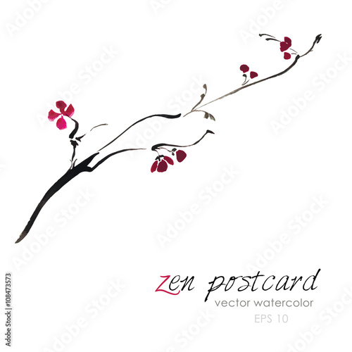 Chinese painting - zen-like natural hand-made vector watercolor sakura illustration