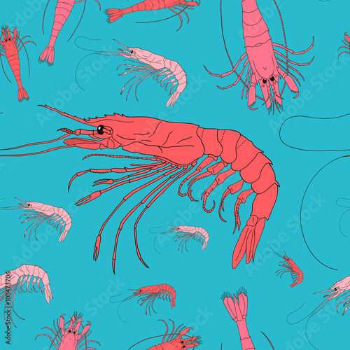 Shrimp seamless background, seafood pattern