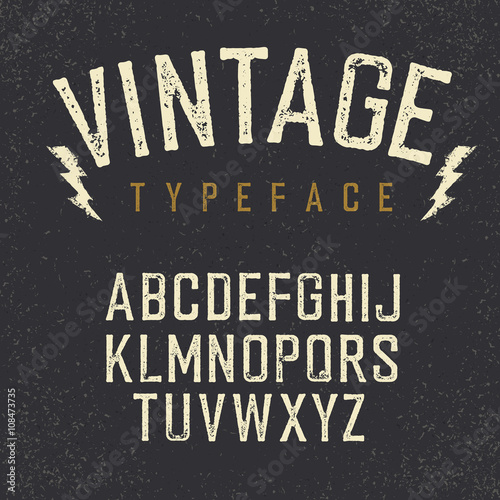 Vintage retro typeface. Stamped alphabet, white scratched letter