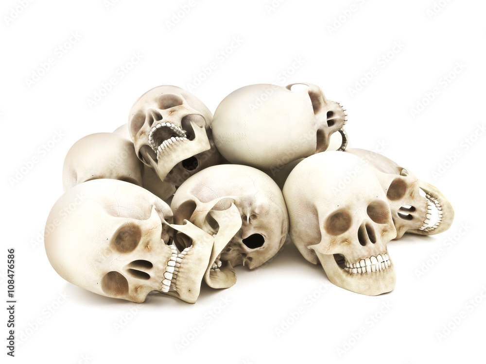 Pile of Human skulls isolated on a white background. 3d Pile of Human skulls isolated on a white background. 3d
