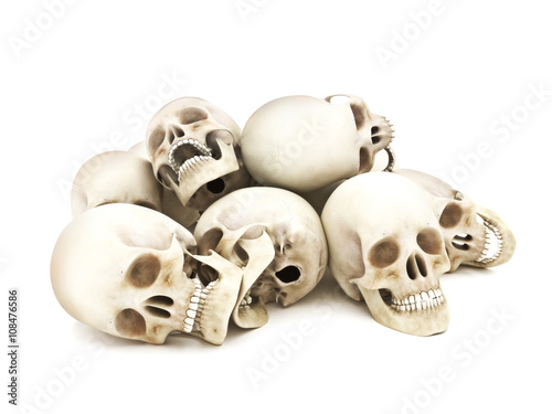 Fototapeta Naklejka Na Ścianę i Meble -  Pile of Human skulls isolated on a white background. 3d