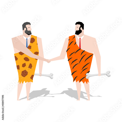 Prehistoric Businessman deal. trade with Ancient people . Savage