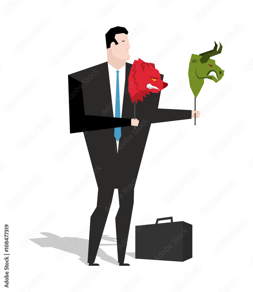 Bear and bull mask in hands of businessman trader. Player on sto Bear and bull mask in hands of businessman trader. Player on sto