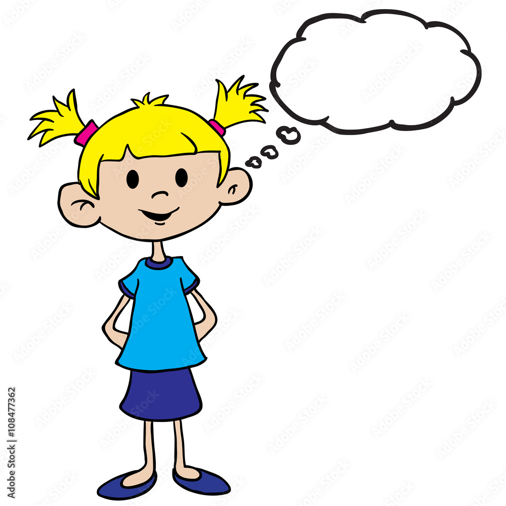 little girl in blue dress with thought bubble little girl in blue dress with thought bubble