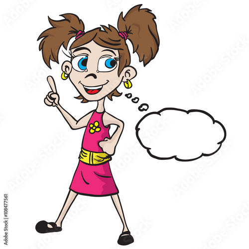little girl in pink dress with thought bubble