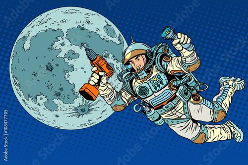 Astronaut with a drill and flashlight on the Moon