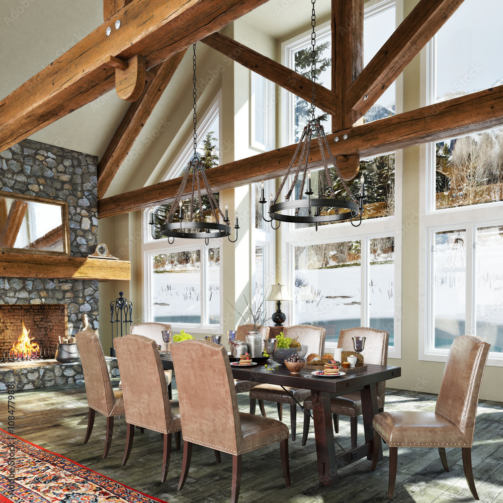 Luxurious open floor cabin interior dinning room design with roaring stone fireplace and winter scenic background. Photo realistic 3d rendering - obrazy, fototapety, plakaty 