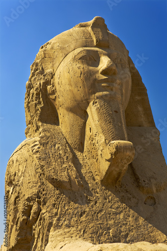 Egypt. Memphis - Mit Rahina open-air museum. The Alabaster Sphinx  face  found outside the Temple of Ptah. The Pyramid Fields from Giza to Dahshur is on UNESCO World Heritage List