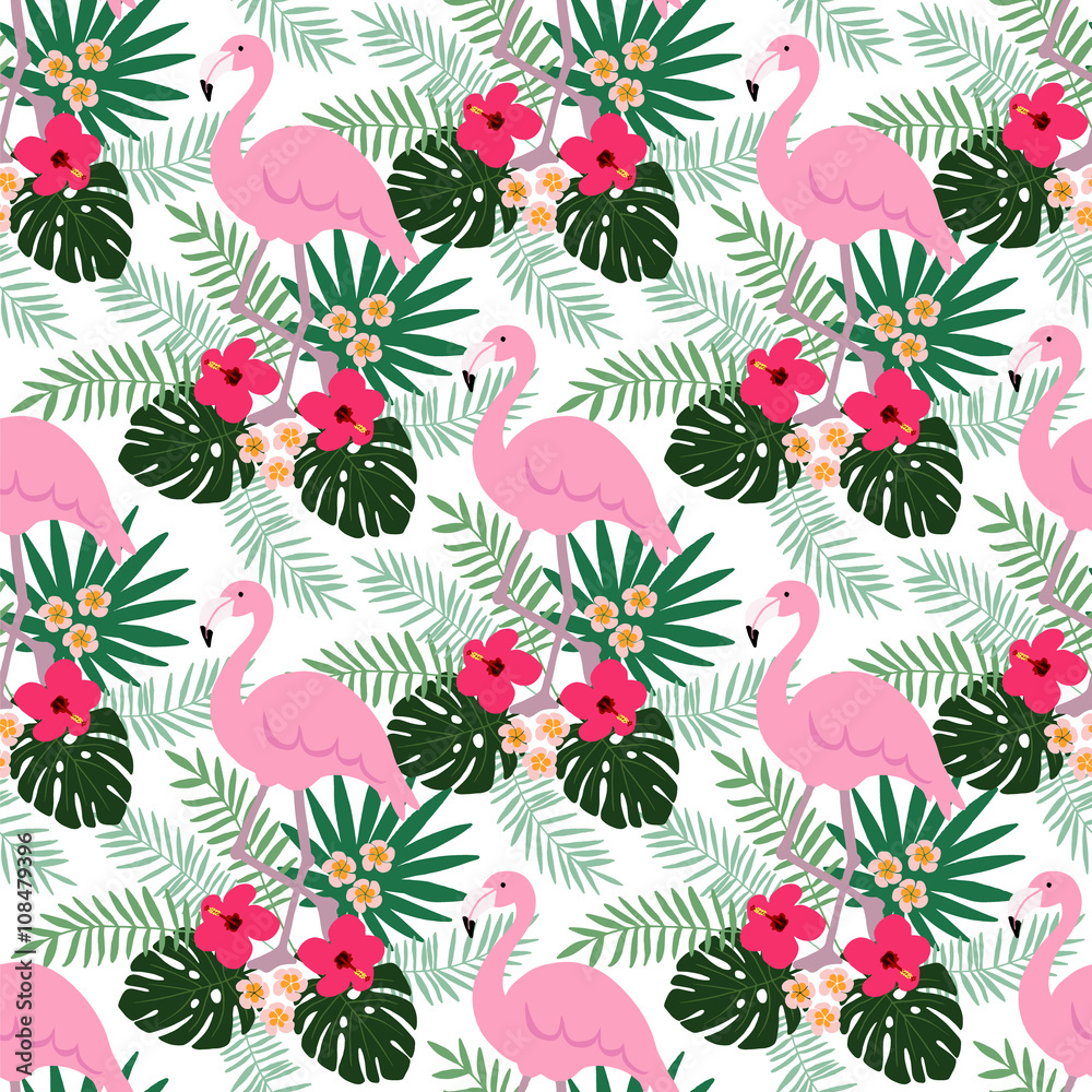 Tropical jungle seamless pattern with flamingo bird, hibiscus and plumeria flowers and palm leaves, flat design, vector Tropical jungle seamless pattern with flamingo bird, hibiscus and plumeria flowers and palm leaves, flat design, vector