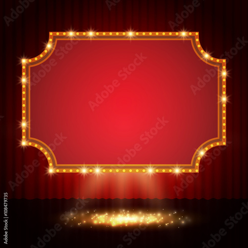 Shining retro casino banner on stage curtain