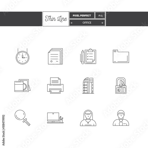 Thin line icon set of office equipment, objects and tools elemen